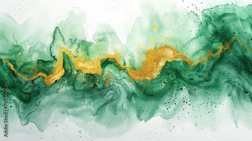 Green watercolor background drawn by brush. Golden shiny christmas and Liquid marble texture