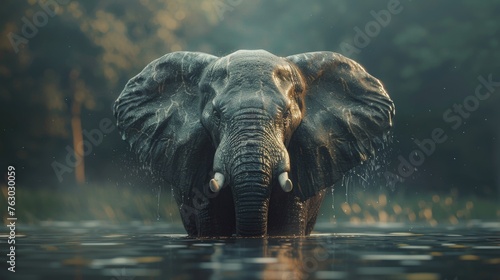 Elephant Splashing in Water at Dusk with Sunlight Behind