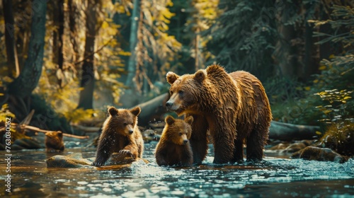 Mother Bear Teaching Cubs to Catch Fish in a Forest Stream   © Sippung