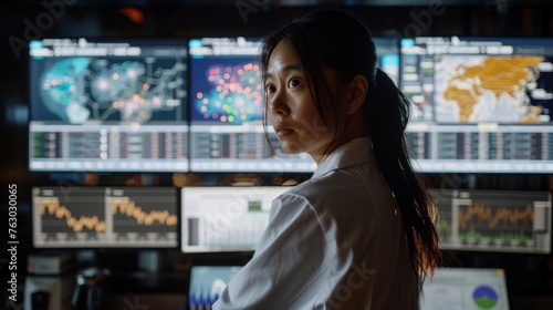 Female Analyst Pensively Overlooking a Wall of Data Monitors in Office