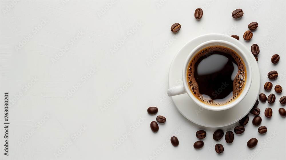 Sure, here is a description for the image: A white cup overflows with roasted coffee beans, while a mug filled with black coffee sits beside it - obrazy, fototapety, plakaty 