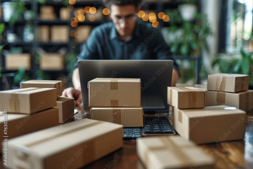Owners man entrepreneurs working, box and check online orders or selling with computer to prepare pack the boxes to customer, SME business online concept Owners man entrepreneurs working, box and check online orders or selling with computer to prepare pack the boxes to customer, SME business online concept