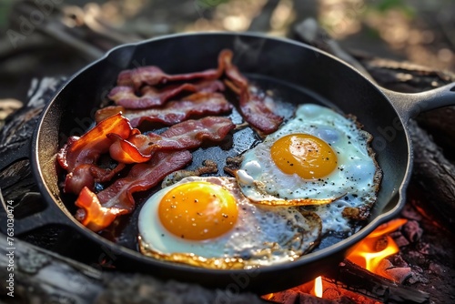 Breakfast with Bacon and Eggs in Skillet