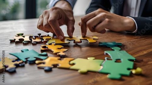 Businessman team work holding two jigsaw connecting co