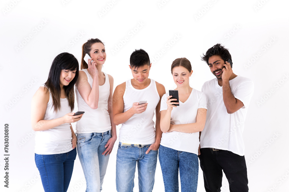 Happy group of friends using there Smartphone's.