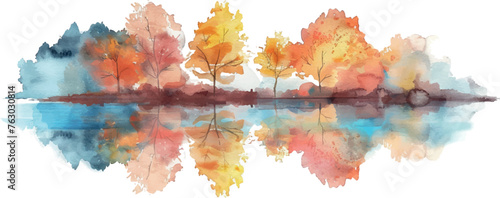 watercolor background trees and lake in autumn