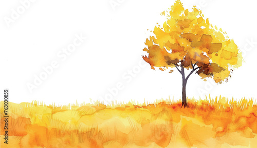 watercolor one autumn tree with leaves in the field