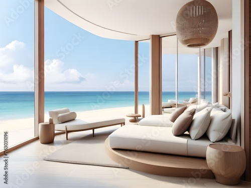 luxury modern beach house and hotel sea view Swimming Pool - 3d renderin