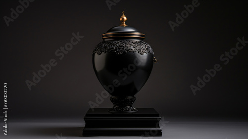 Elegant black urn containing ashes a solemn memento  photo