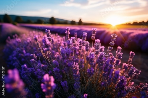 Lavandula angustifolia blooming in vibrant lavender field- agriculture harvest landscape