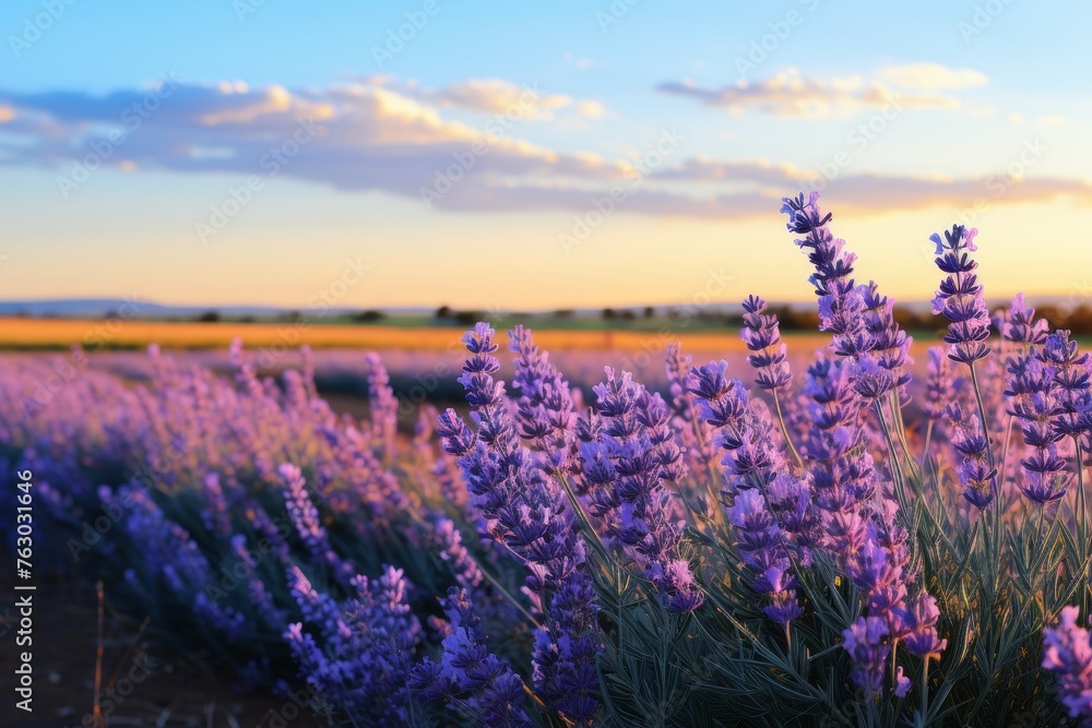 Naklejka premium Blooming lavender field, lavandula angustifolia agriculture harvest landscape panorama