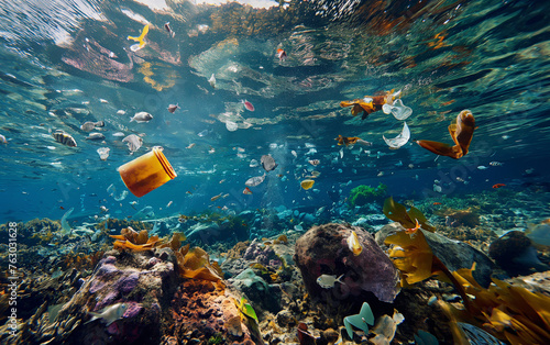 plastic waste underwater with sea life photo