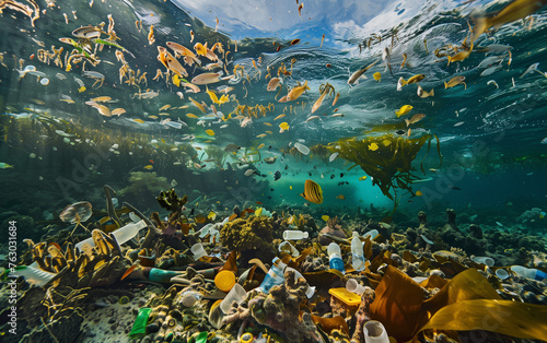 plastic waste underwater with sea life © เอกสิทธิ์ นูนทะธรรม