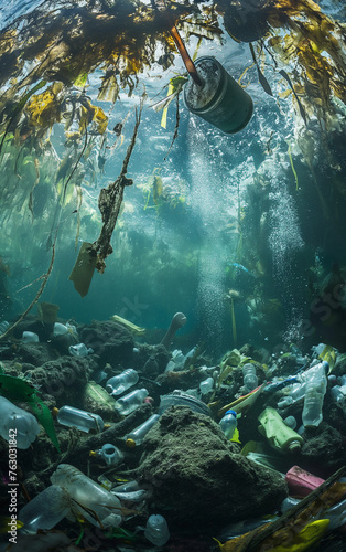 plastic waste underwater with sea life photo