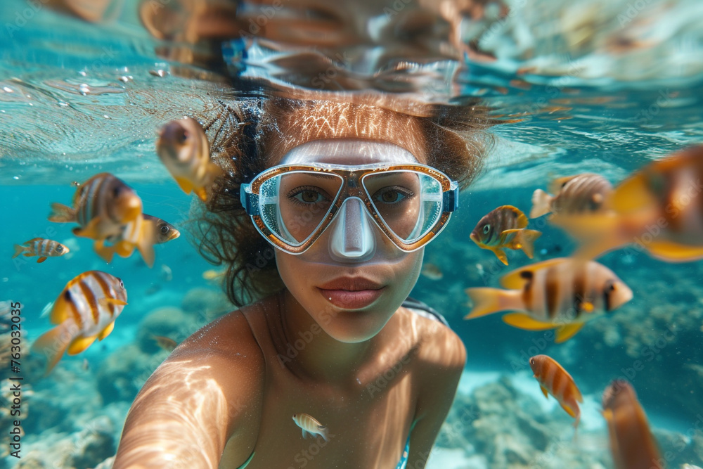 Naklejka premium Child swimming happily in a pool wearing a snorkel mask