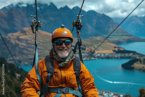 Man Zip Lining With Helmet and Goggles