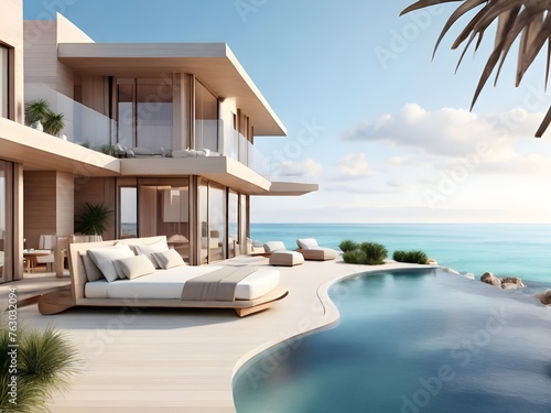 luxury modern beach house and hotel sea view Swimming Pool - 3d renderin © Abdul