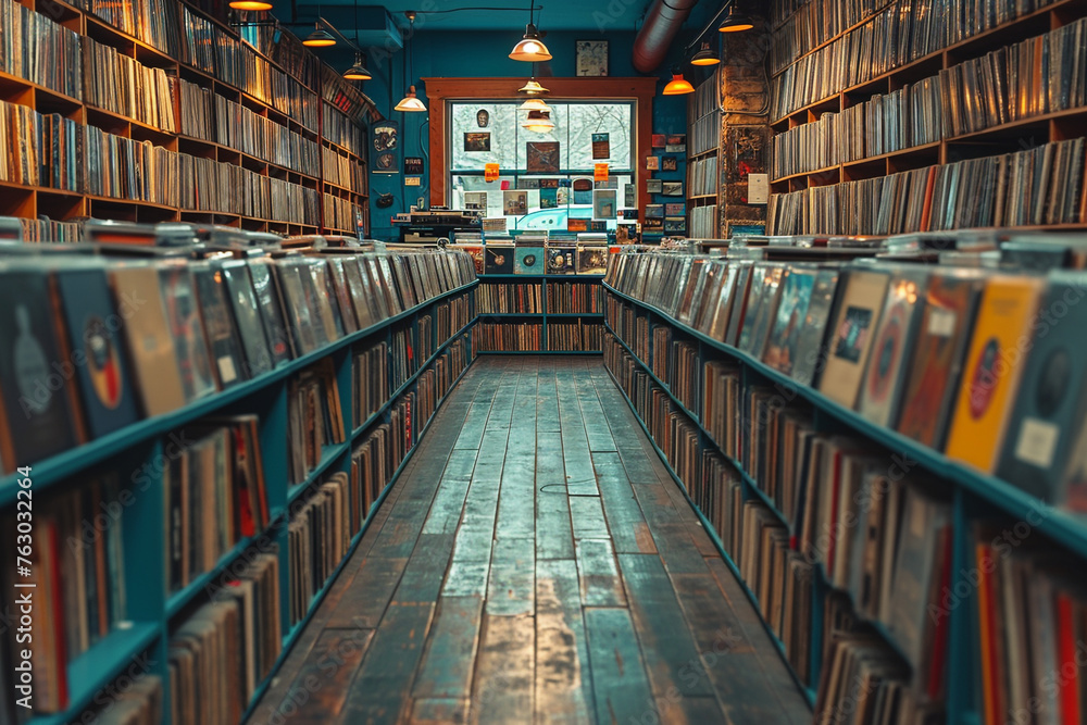 Retro Record Store, Rows of Vinyl Records and Turntables Retro Record Store, Rows of Vinyl Records and Turntables