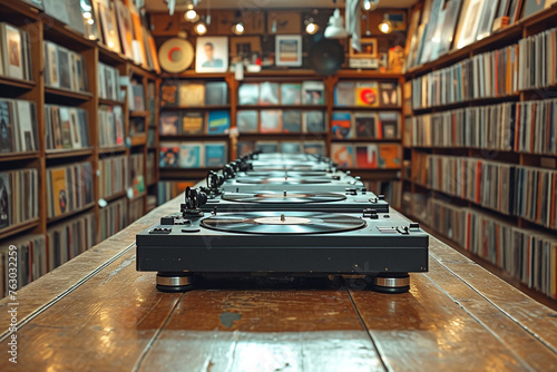 Retro Record Store, Rows of Vinyl Records and Turntables