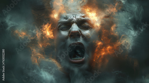 Impersonation of anxiety. Smoke and fire in the head. Concept image of anxiety, loneliness, fear and negative emotion. 