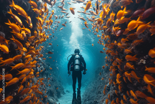 Underwater diver explores colorful marine life amidst fishes and coral reef in an aquarium scene © NOTE OMG