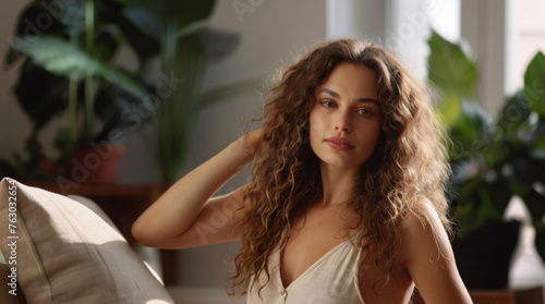 Portrait of beautiful artist woman with long curly hair relaxing in her apartment full of houseplants. photo