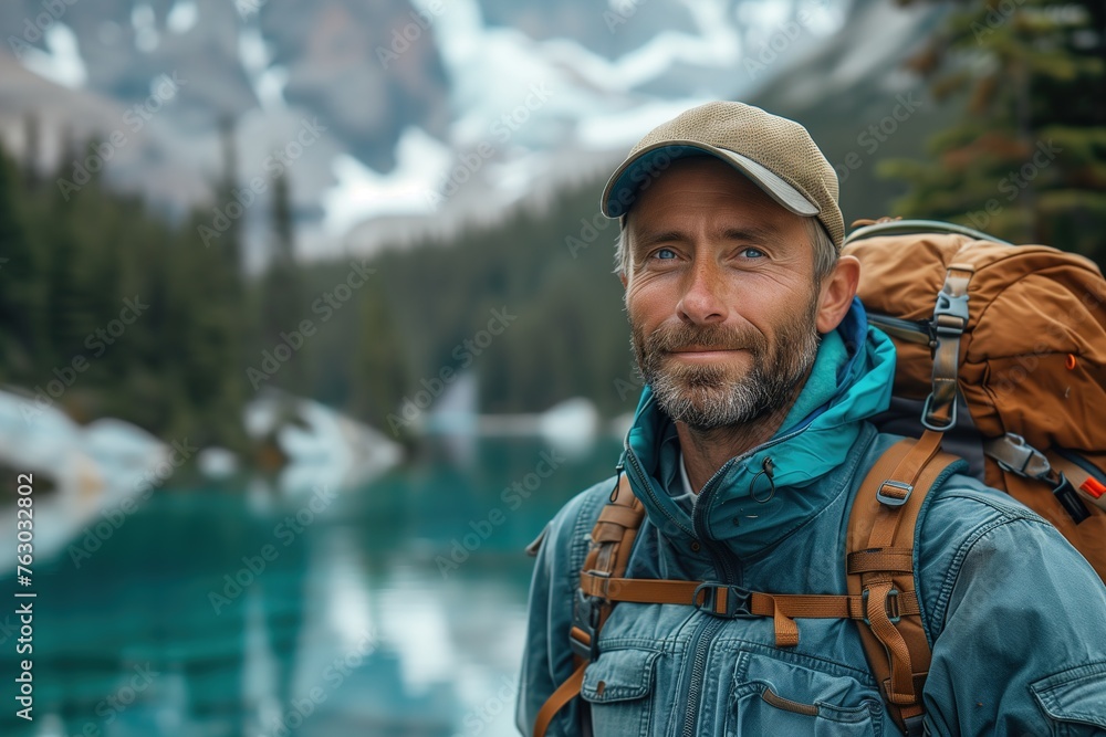 Man Standing in Front of Lake With Backpack Man Standing in Front of Lake With Backpack
