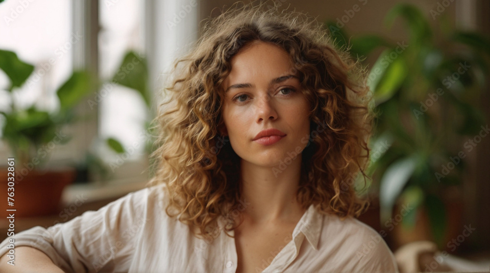 Portrait of beautiful artist woman with long curly hair relaxing in her apartment full of houseplants. Portrait of beautiful artist woman with long curly hair relaxing in her apartment full of houseplants.