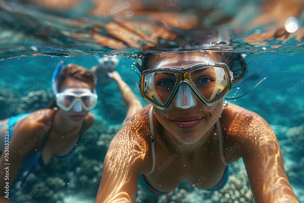 Naklejka premium Tourists Snorkeling in the Great Barrier Reef