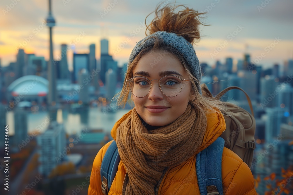 Woman With Glasses in Front of City Skyline Woman With Glasses in Front of City Skyline