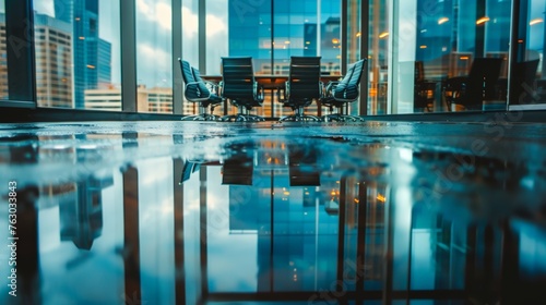 A boardroom reflected in a puddle outside the window  suggesting the impact of decisions made within
