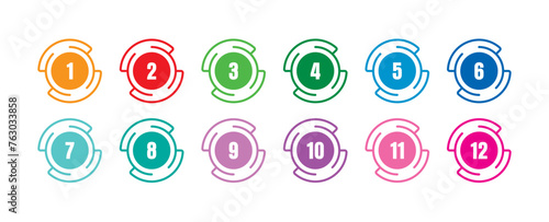 1-12 step numbers on white background. 1-12 step numbers for business, industry, technology, education world. Step numbers 1-12 in colored circles