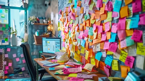 A chaotic yet creatively charged brainstorming room filled with colorful sticky notes covering every surface