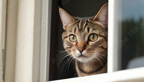 A Curious Tabby Cat Peering Out The Window Upscaled 2