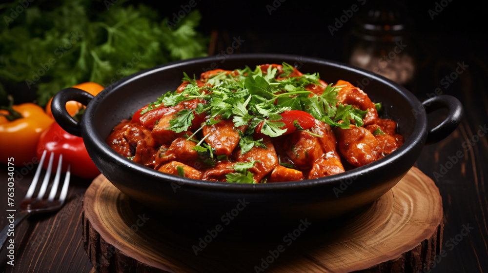 Fresh meat in tomato sauce and parsley served in black