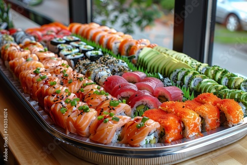 A diverse sushi assortment displayed on a tray, showcasing various rolls and nigiri with vibrant toppings.