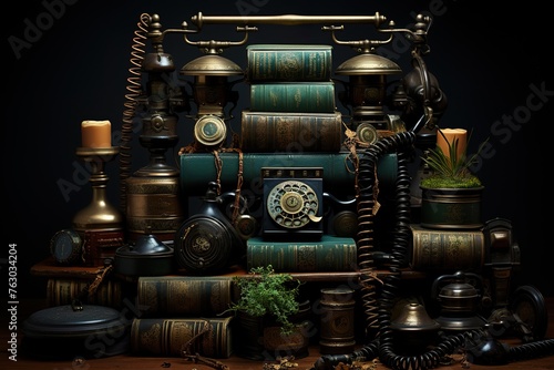 stylist and royal Old telephone handsets and mobile phones, space for text, photographic