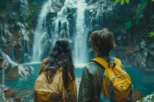 A couple standing before a majestic waterfall surrounded by a rocky landscape. © Good AI