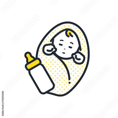 眠る赤ちゃんと哺乳瓶のシンプルなベクターイラストアイコン素材