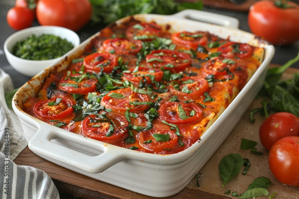 A freshly baked dish of lasagna topped with cherry tomatoes and basil in a white baking dish. A freshly baked dish of lasagna topped with cherry tomatoes and basil in a white baking dish.
