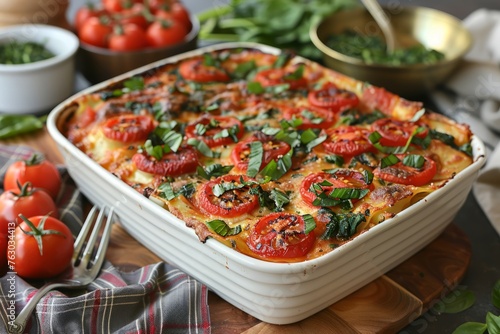 A freshly baked dish of lasagna topped with cherry tomatoes and basil in a white baking dish.
