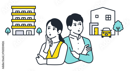 マンションと戸建てを比較する若い夫婦のシンプルなベクターイラスト素材