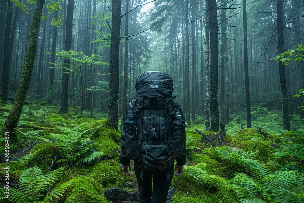 A trekker in an orange jacket walks a muddy trail in a misty rainforest, depicting nature immersion.
