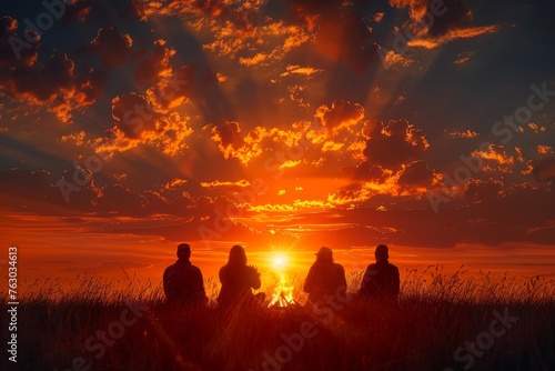 People enjoy a fiery sunset in a field  a warm and peaceful end to the day.