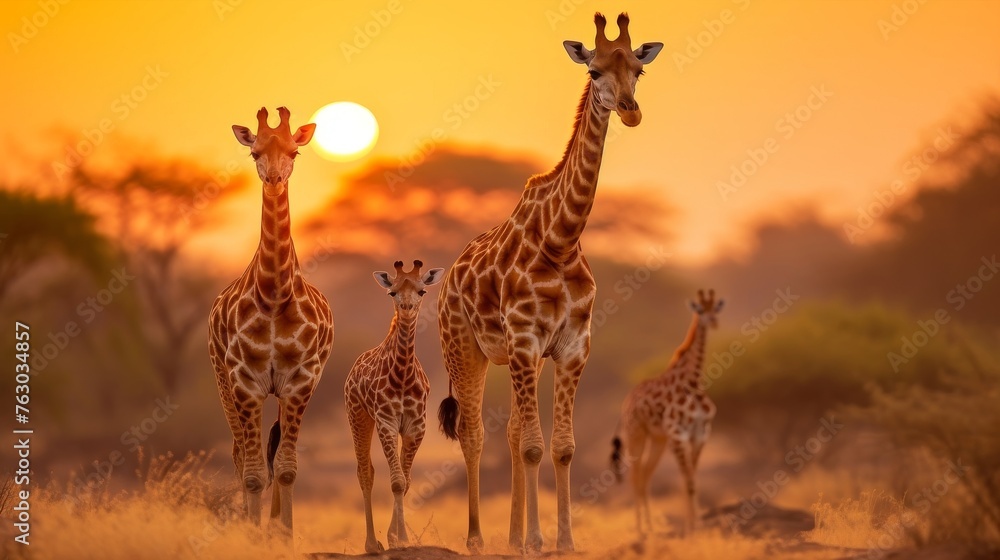 Giraffe family at sunset in natural habitat