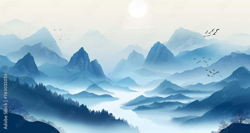 Mountainous Landscape with Mist and Flying Birds Mountainous Landscape with Mist and Flying Birds