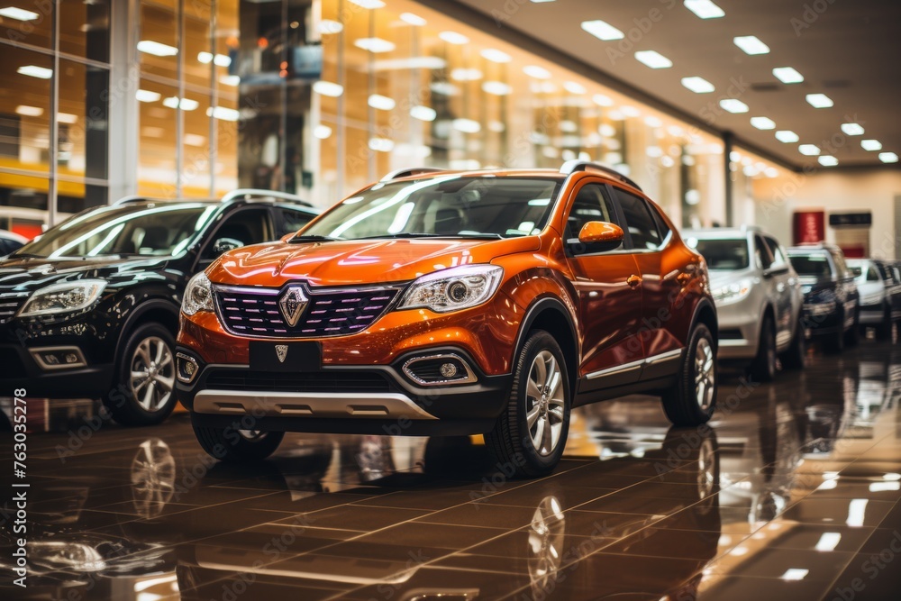 Bright and modern car showroom with colorful line-up of vehicles available for purchase Bright and modern car showroom with colorful line-up of vehicles available for purchase