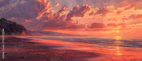 a painting of sunset in color in the style of realistic rendering majestic photo
