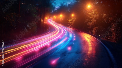 A modern illustration of colorful light trails with motion blur, from a long exposure.