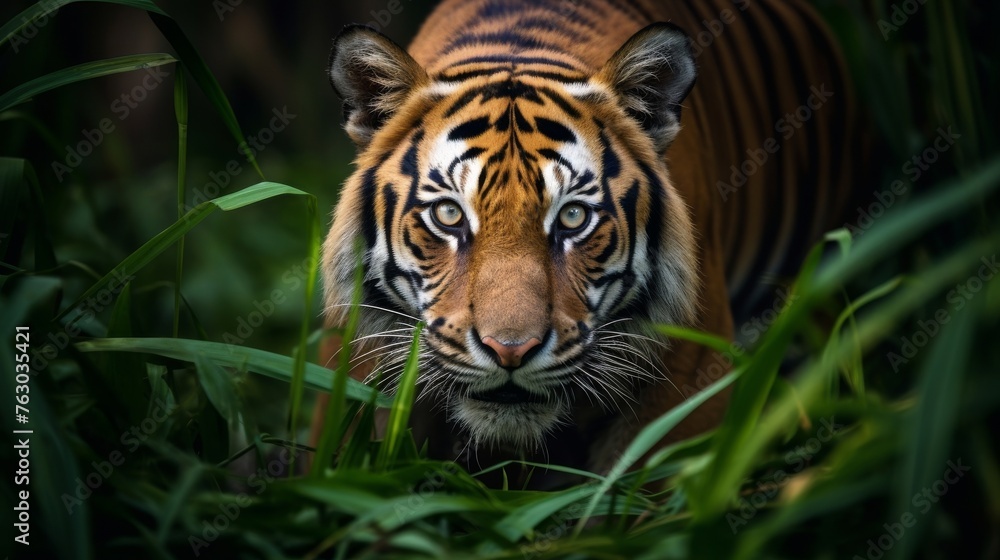 Fierce tigress in the jungle closeup Fierce tigress in the jungle closeup